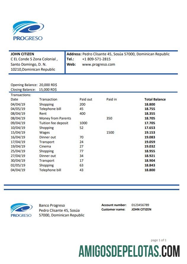 Dominican Republic Progreso extrato bancário amostra